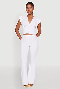 Womens Padded Shoulder V Neck Top, White, Size S