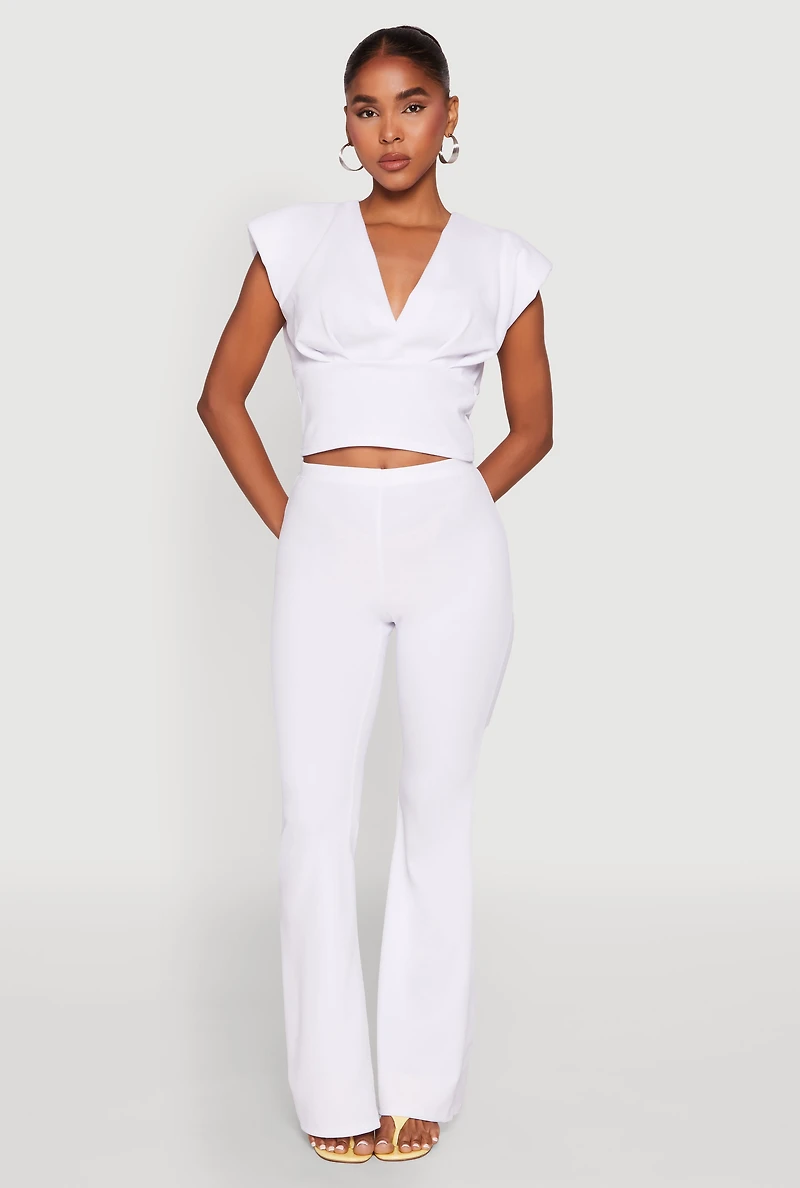 Womens Padded Shoulder V Neck Top, White, Size M