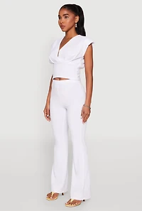 Womens Padded Shoulder V Neck Top, White, Size S