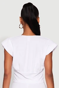 Womens Padded Shoulder V Neck Top, White, Size S