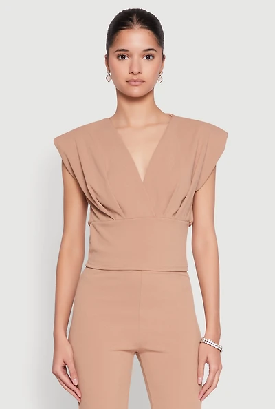 Womens Padded Shoulder V Neck Top,