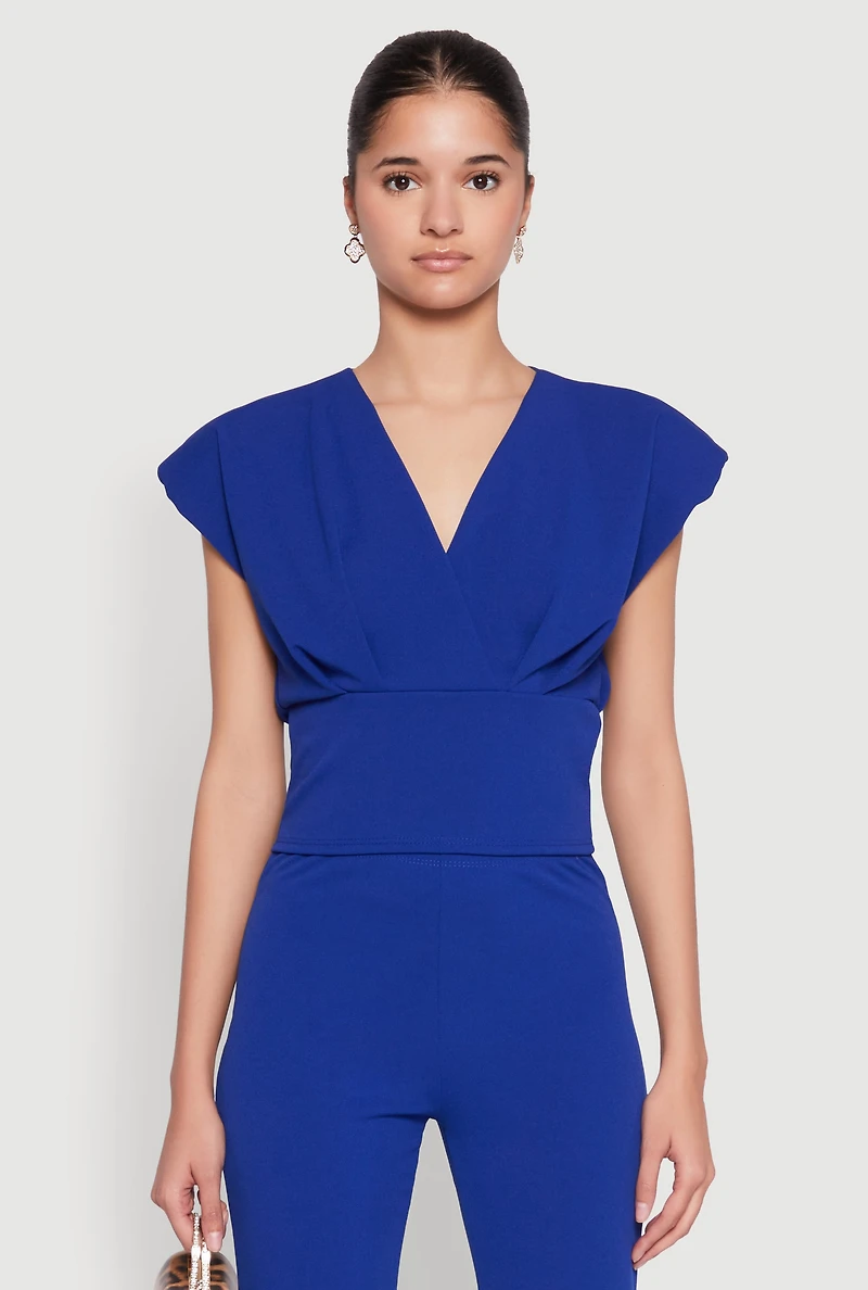 Womens Padded Shoulder V Neck Top,