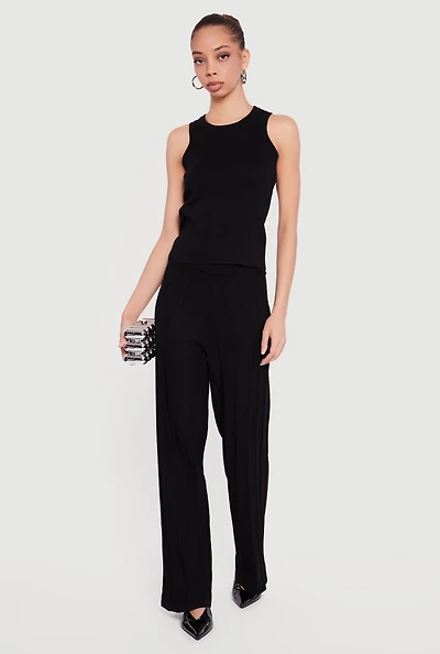 High Waisted Pintuck Pull On Straight Leg Pants