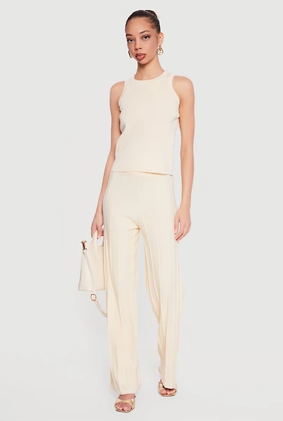 High Waisted Pintuck Pull On Straight Leg Pants