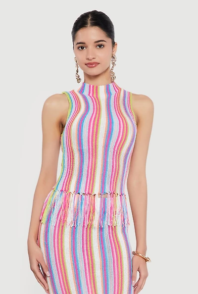 Striped Crochet Sleeveless Mock Neck Fringe Hem Top