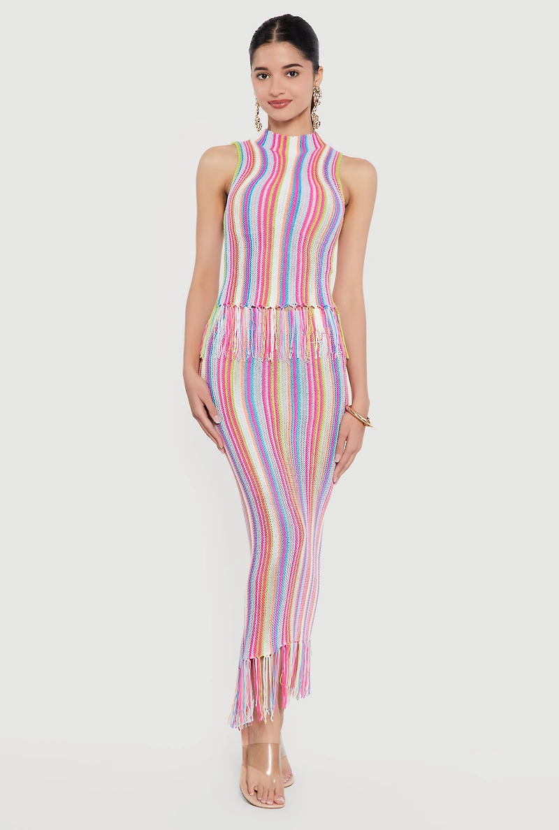 Striped Crochet Sleeveless Mock Neck Fringe Hem Top
