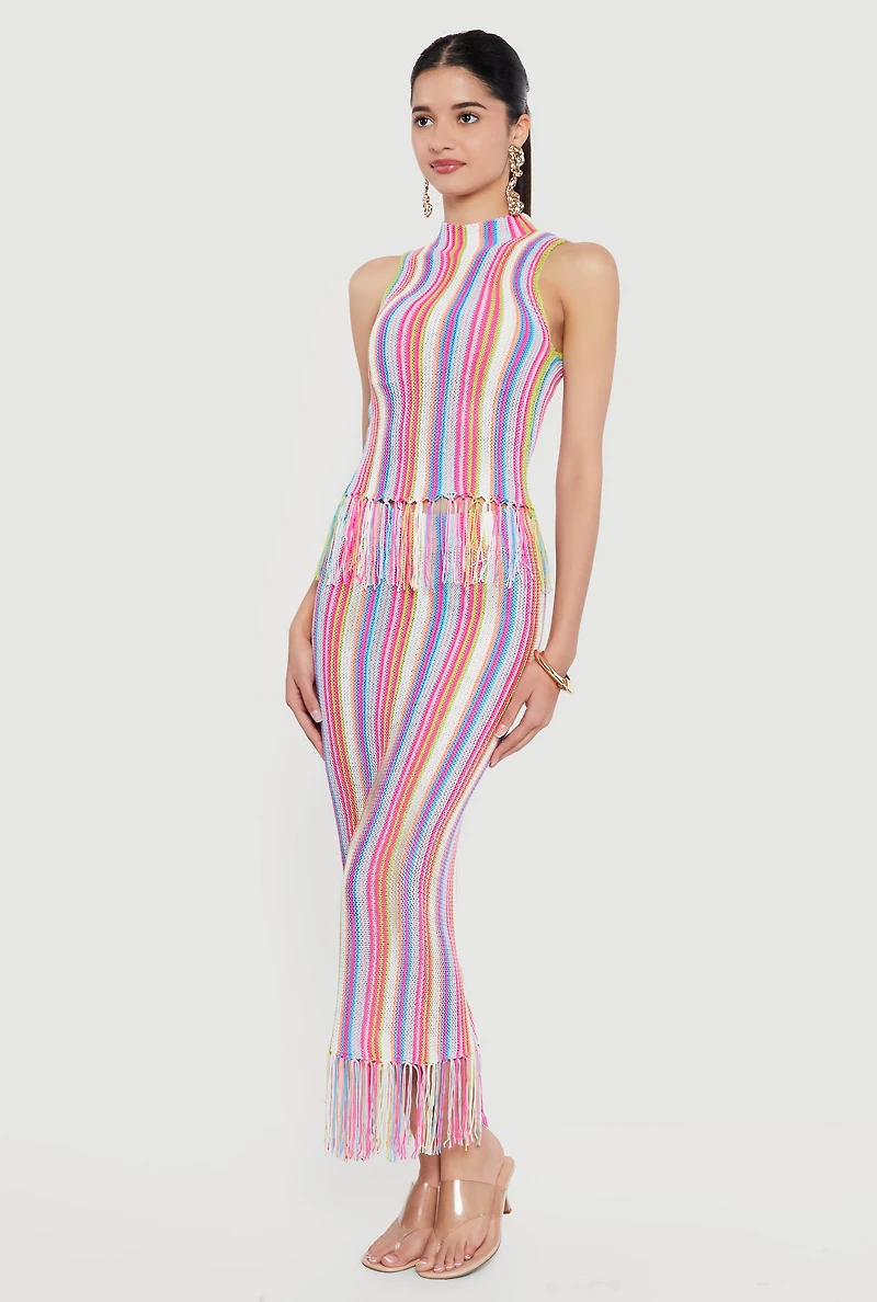 Striped Crochet Sleeveless Mock Neck Fringe Hem Top