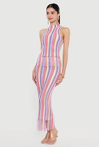 Striped Crochet Sleeveless Mock Neck Fringe Hem Top