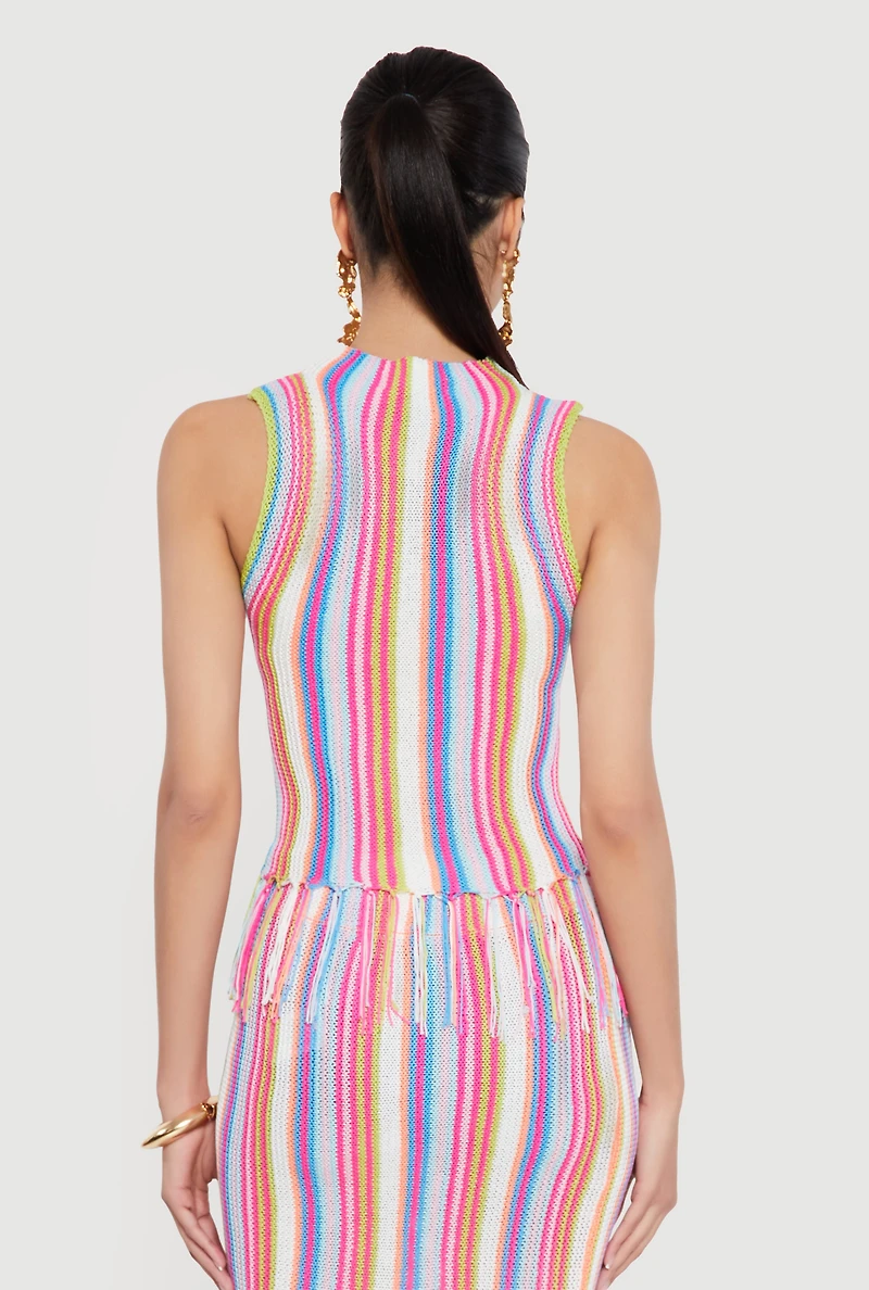 Striped Crochet Sleeveless Mock Neck Fringe Hem Top