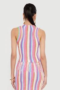 Striped Crochet Sleeveless Mock Neck Fringe Hem Top