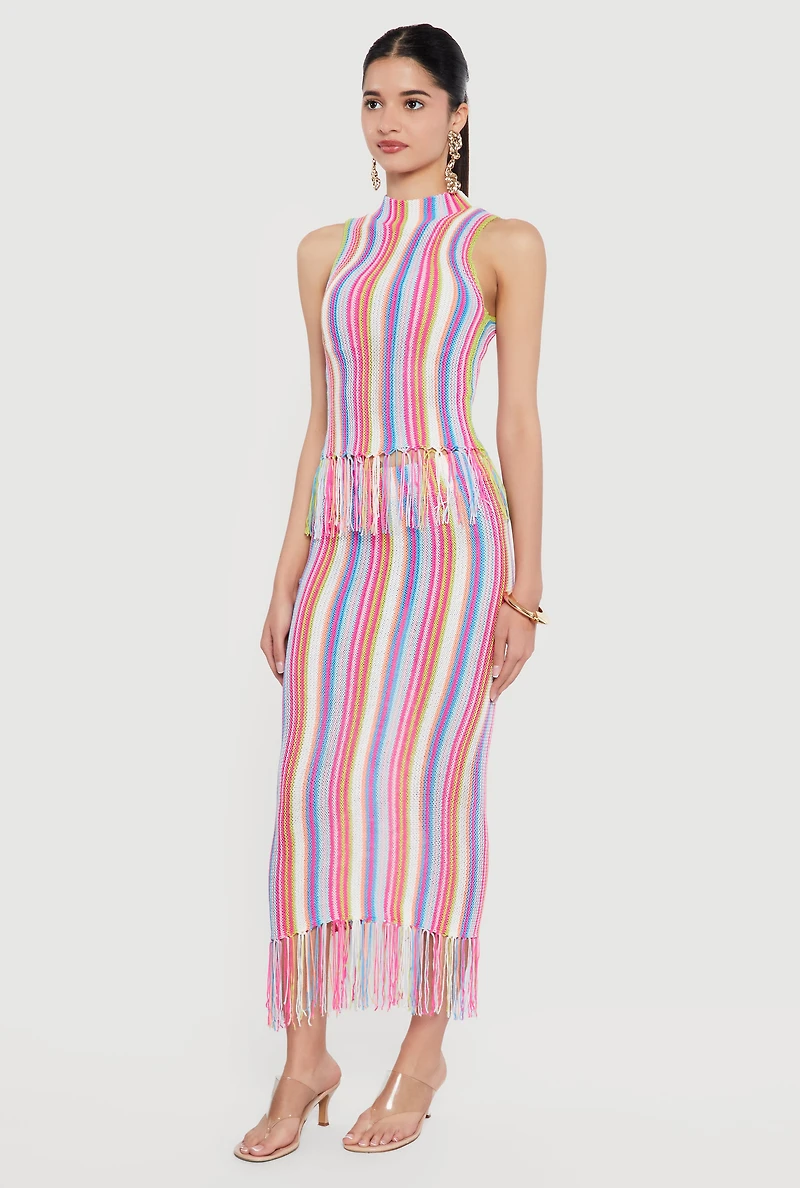 Striped Crochet Fringe Hem Maxi Skirt
