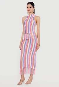 Striped Crochet Fringe Hem Maxi Skirt