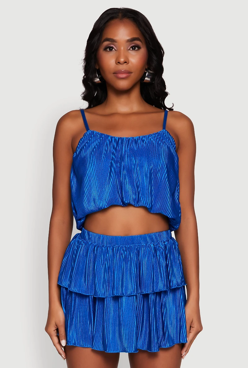Womens Plisse Cropped Cami, Blue, Size M