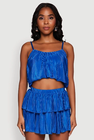 Womens Plisse Cropped Cami, Blue, Size M