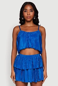 Womens Plisse Cropped Cami, Blue, Size M