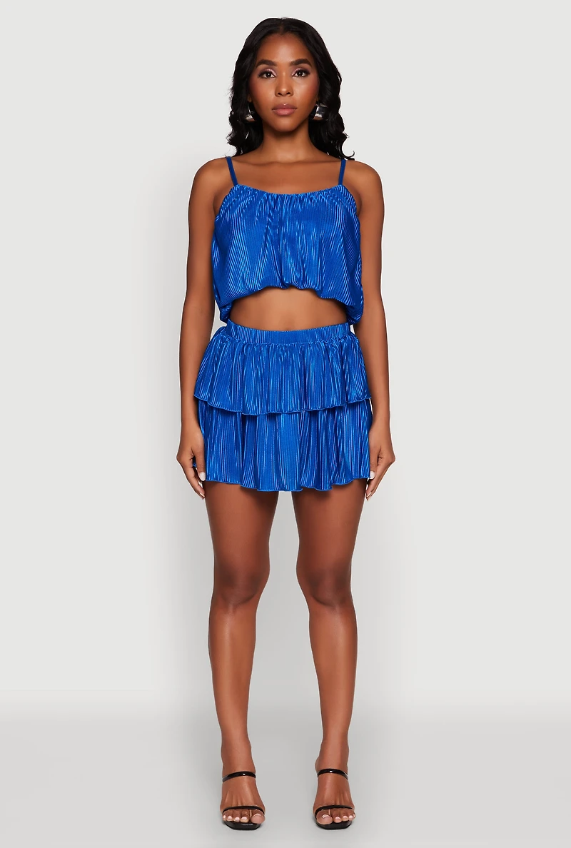Womens Plisse Cropped Cami, Blue, Size M