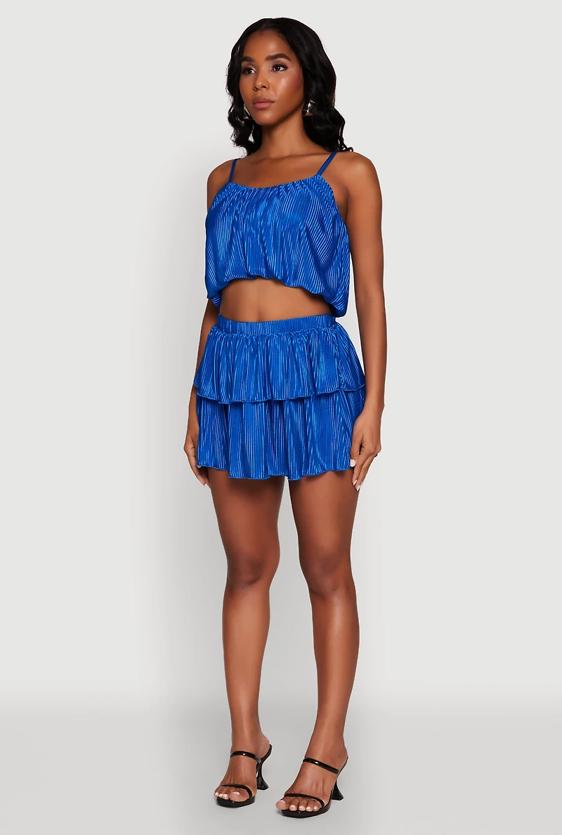 Womens Plisse Cropped Cami, Blue, Size M