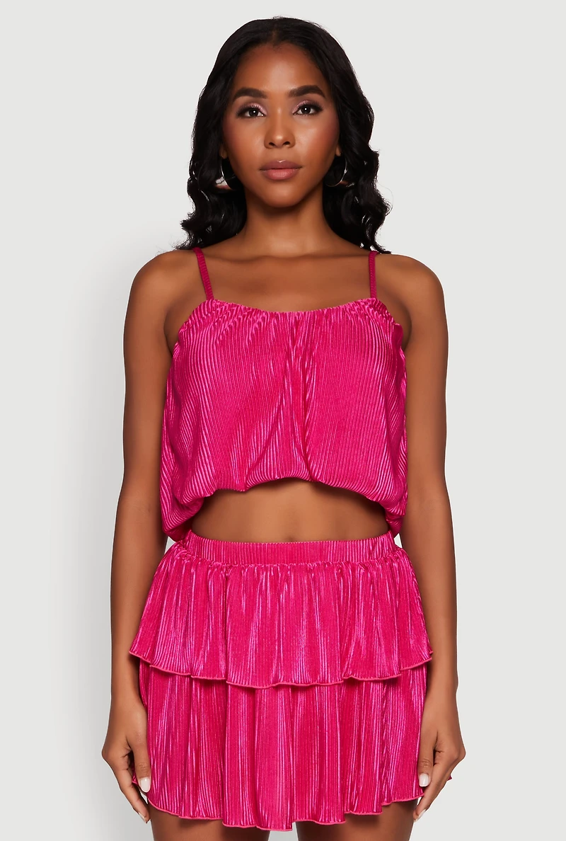 Womens Plisse Cropped Cami, Pink, Size M