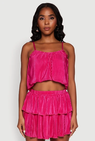Womens Plisse Cropped Cami, Pink, Size M