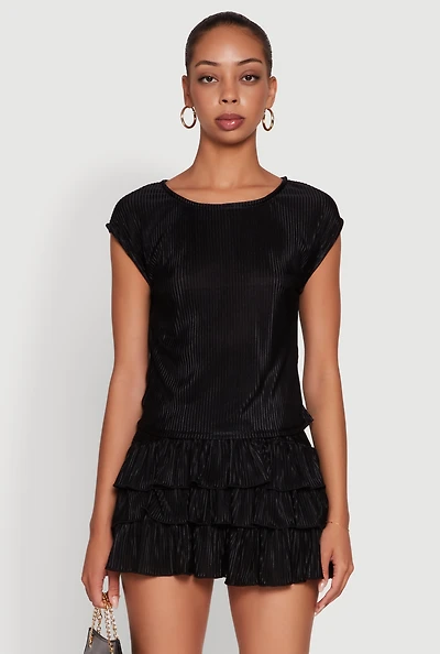 Womens Plisse High Neck Cap Sleeve Top, Black, Size L