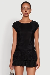 Womens Plisse High Neck Cap Sleeve Top, Black, Size L