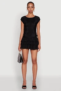 Womens Plisse High Neck Cap Sleeve Top, Black, Size L