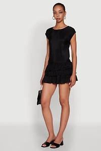 Womens Plisse High Neck Cap Sleeve Top, Black, Size L