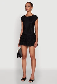 Womens Plisse High Neck Cap Sleeve Top, Black, Size L