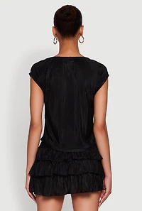 Womens Plisse High Neck Cap Sleeve Top,