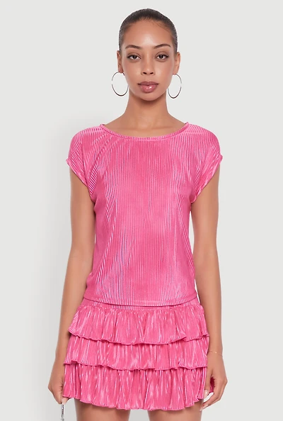 Womens Plisse High Neck Cap Sleeve Top, Pink, Size L
