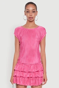 Womens Plisse High Neck Cap Sleeve Top, Pink, Size S