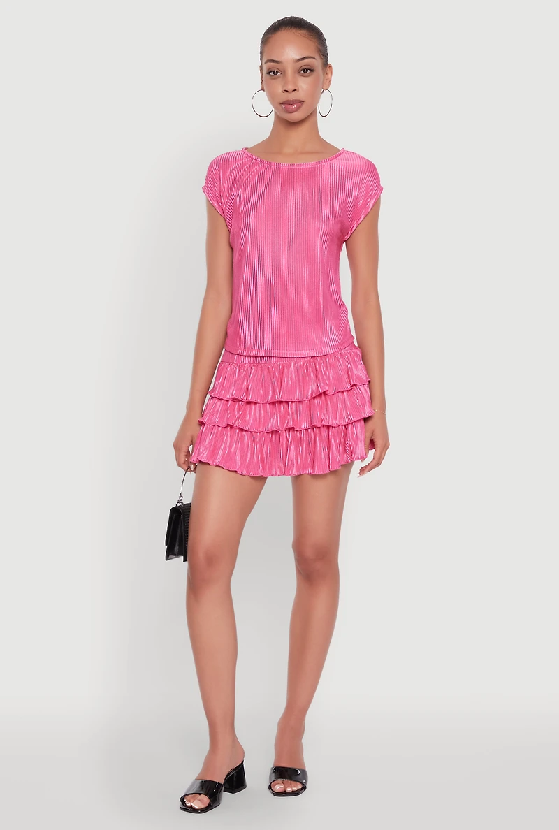 Womens Plisse High Neck Cap Sleeve Top, Pink, Size S