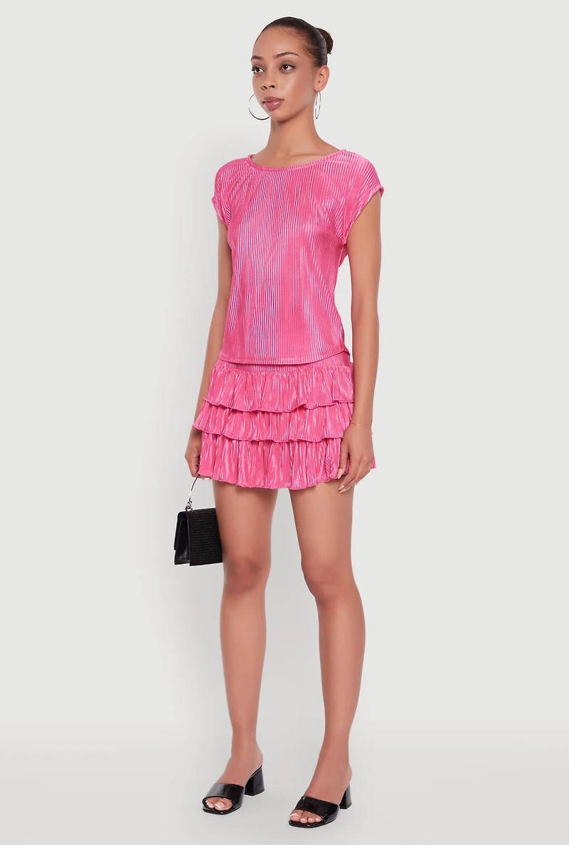 Womens Plisse High Neck Cap Sleeve Top, Pink, Size S