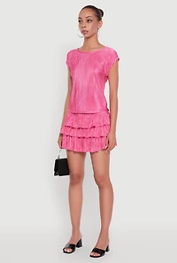 Womens Plisse High Neck Cap Sleeve Top, Pink, Size S