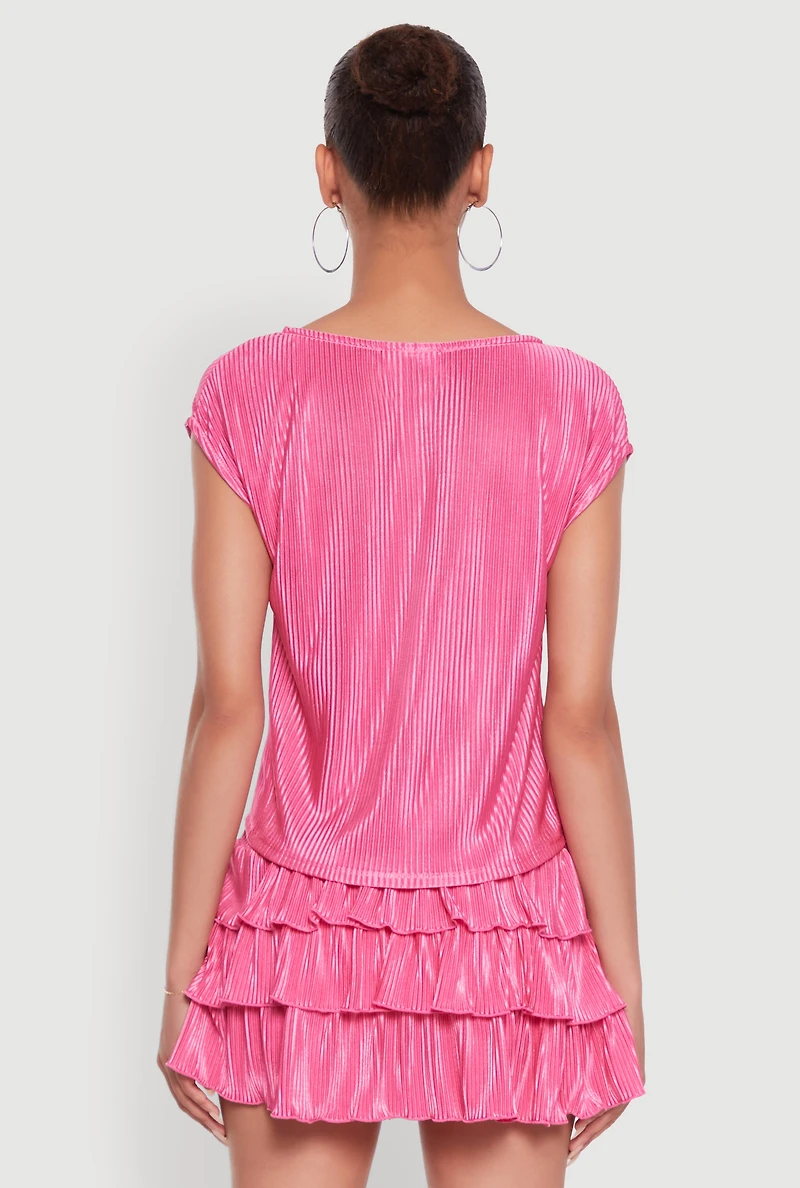 Womens Plisse High Neck Cap Sleeve Top, Pink, Size S