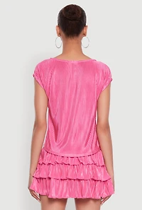 Womens Plisse High Neck Cap Sleeve Top, Pink, Size S
