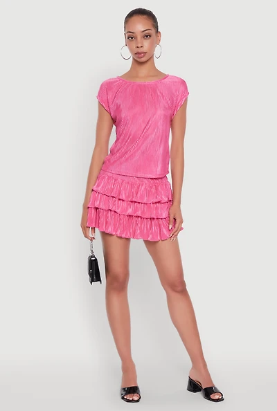 Womens Chic Plisse High Waisted Tiered Mini Skirt, Pink, Size S