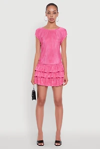 Womens Chic Plisse High Waisted Tiered Mini Skirt, Pink,