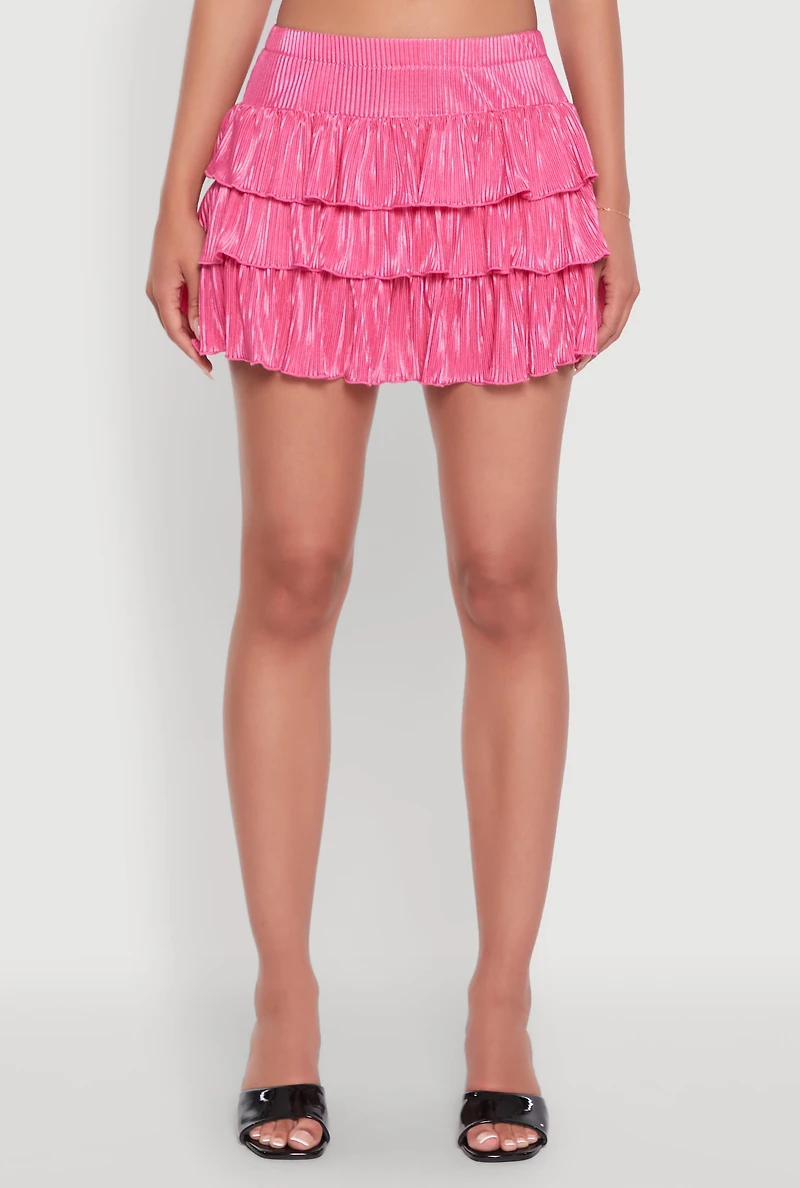 Womens Chic Plisse High Waisted Tiered Mini Skirt, Pink,