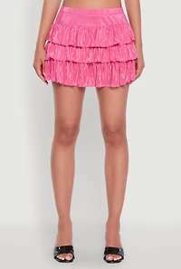 Womens Chic Plisse High Waisted Tiered Mini Skirt, Pink,