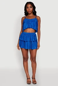 Womens Plisse Tiered Mini Skirt, Blue, Size S