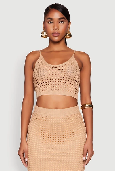 Womens Crochet Cropped Cami, Beige, Size XL