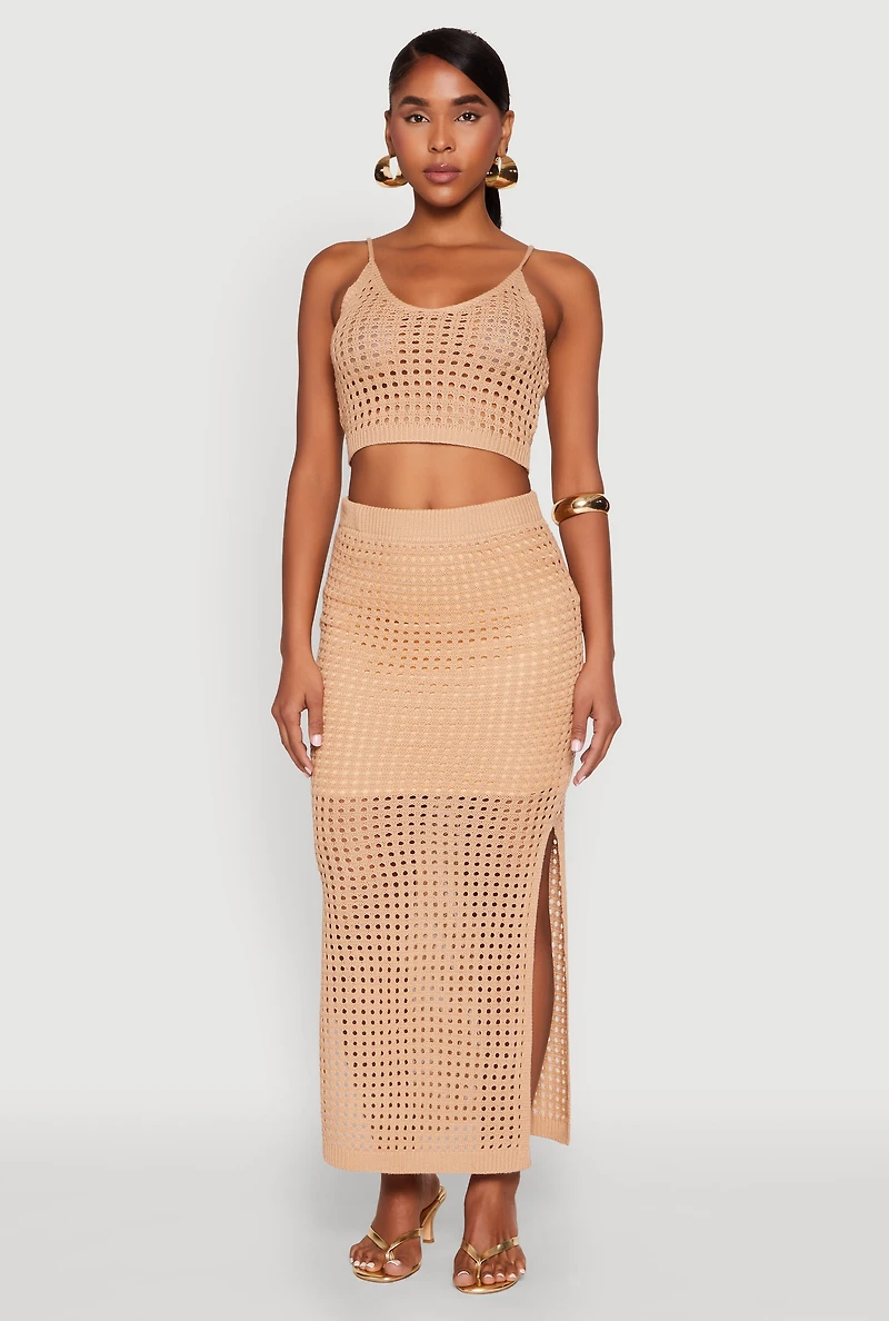 Womens Lined Crochet Maxi Skirt, Khaki, Size M