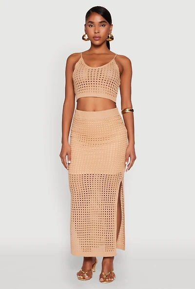 Womens Lined Crochet Maxi Skirt, Khaki, Size M