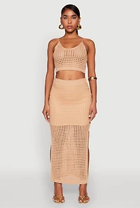 Womens Lined Crochet Maxi Skirt, Khaki, Size L