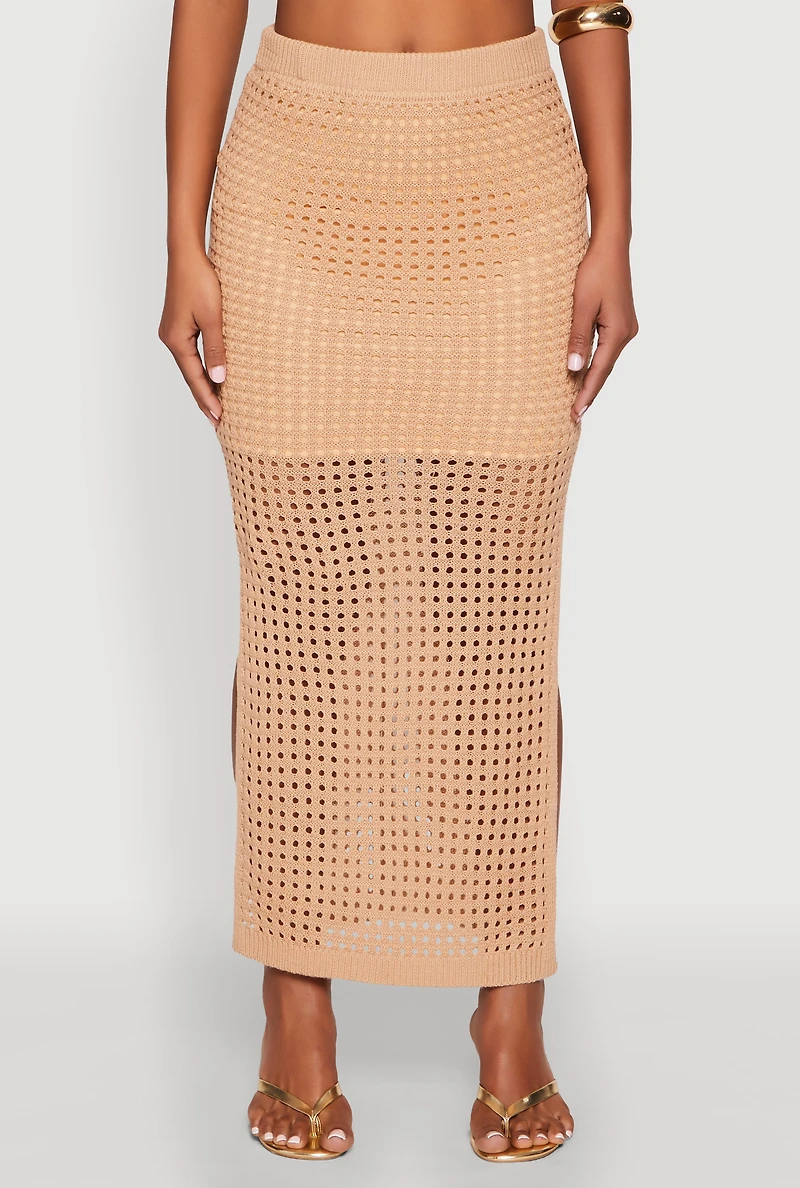 Womens Lined Crochet Maxi Skirt, Khaki, Size M