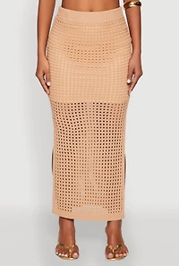 Womens Lined Crochet Maxi Skirt, Khaki, Size M