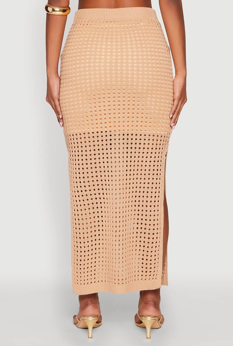 Womens Lined Crochet Maxi Skirt, Khaki, Size L