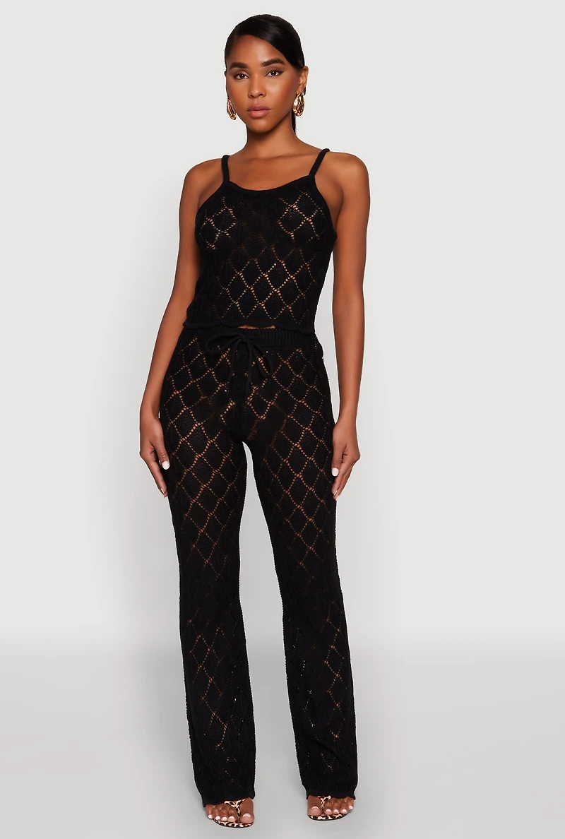 Womens Crochet Diamond Knit Cami, Black, Size S