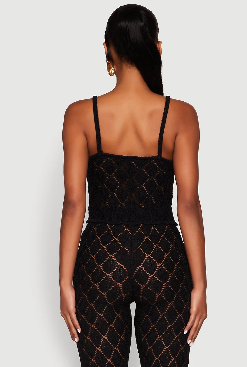 Womens Crochet Diamond Knit Cami, Black, Size S